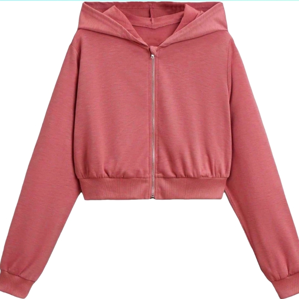 WDIRARA Girl's Zip Front Long Sleeve Crop Top Hoodie - Pure Dusty Pink, 12-13 yo
